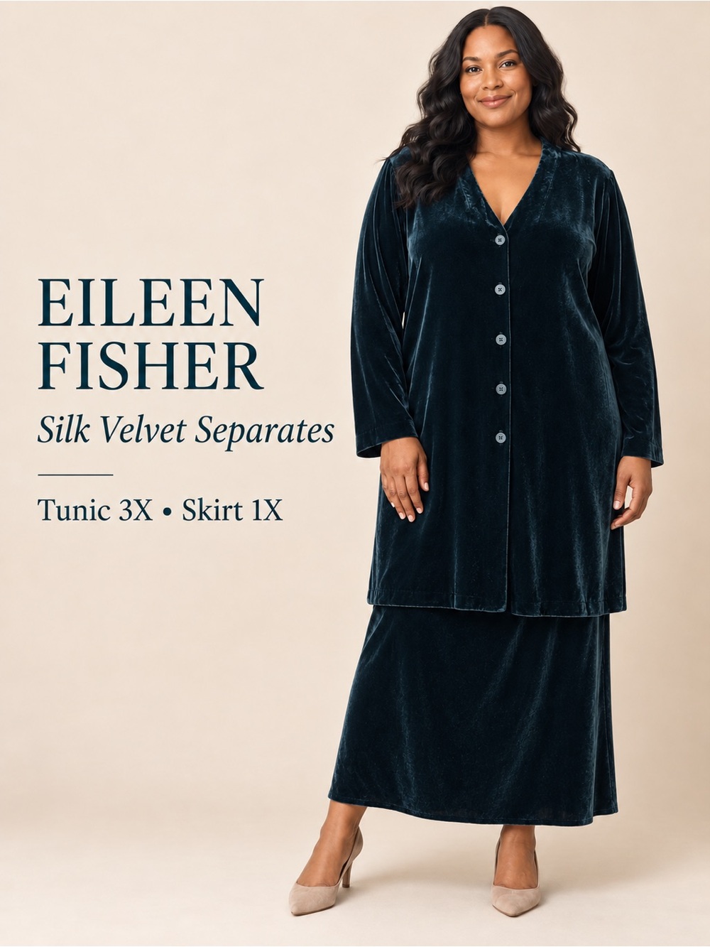 Eileen Fisher Green Silk Velvet Tunic 3X & Maxi Skirt 1X Set